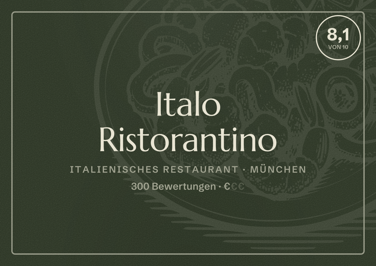 Illustriertes Poster von Italo Ristorantino, Italienisches Restaurant in München: Bewertung 8,1 von 10 aus 300 Bewertungen, Preisniveau €