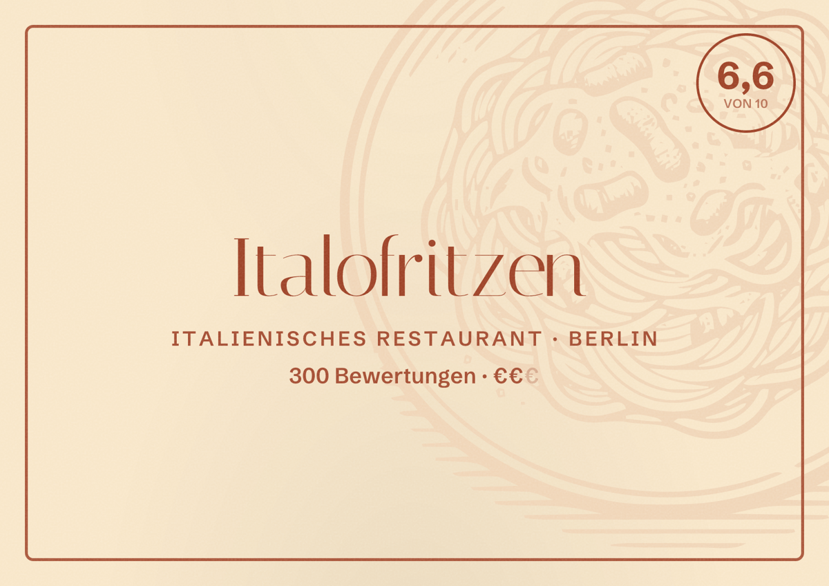 Illustriertes Poster von Italofritzen, Italienisches Restaurant in Berlin: Bewertung 6,6 von 10 aus 300 Bewertungen, Preisniveau €€