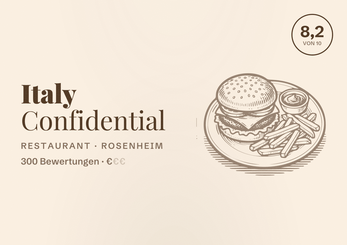 Illustriertes Poster von Italy Confidential, Restaurant in Rosenheim: Bewertung 8,2 von 10 aus 300 Bewertungen, Preisniveau €