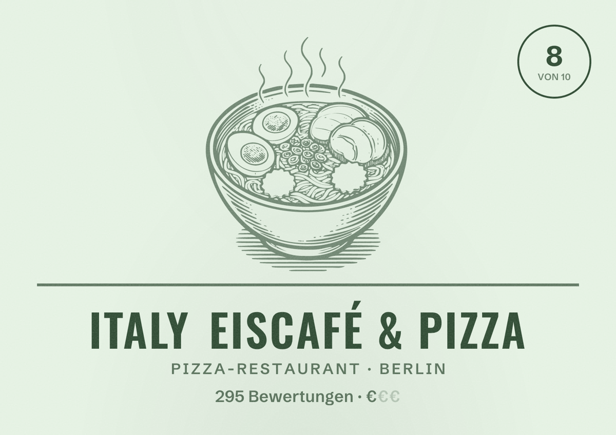 Illustriertes Poster von Italy Eiscafé & Pizza, Pizza-Restaurant in Berlin: Bewertung 8 von 10 aus 295 Bewertungen, Preisniveau €