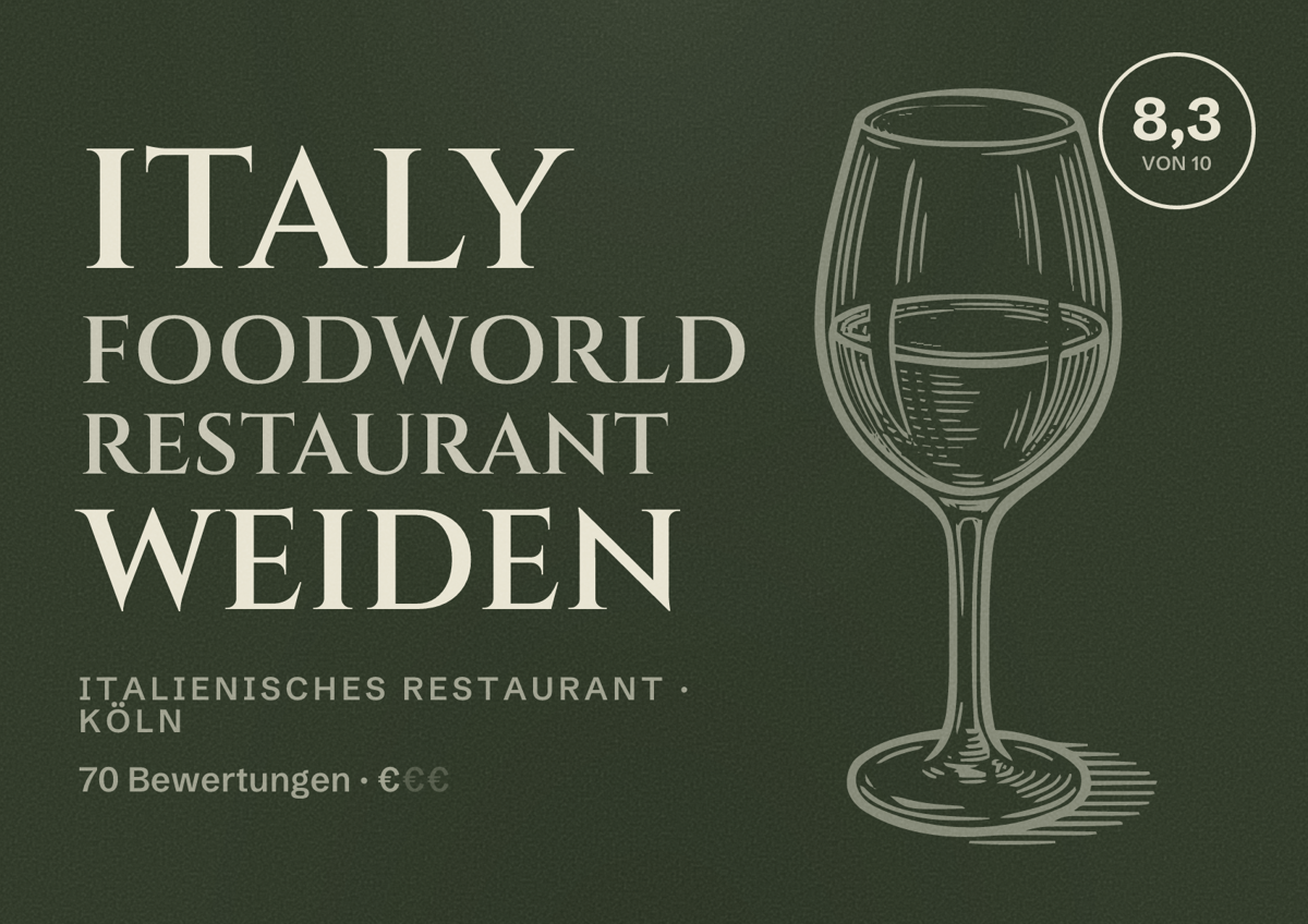 Illustriertes Poster von Italy Foodworld Restaurant Weiden, Italienisches Restaurant in Köln: Bewertung 8,3 von 10 aus 70 Bewertungen, Preisniveau €