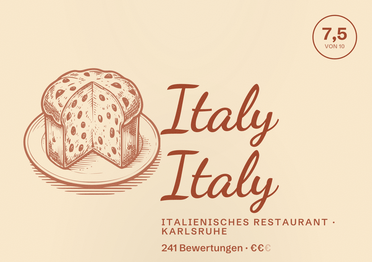 Illustriertes Poster von Italy Italy, Italienisches Restaurant in Karlsruhe: Bewertung 7,5 von 10 aus 241 Bewertungen, Preisniveau €€