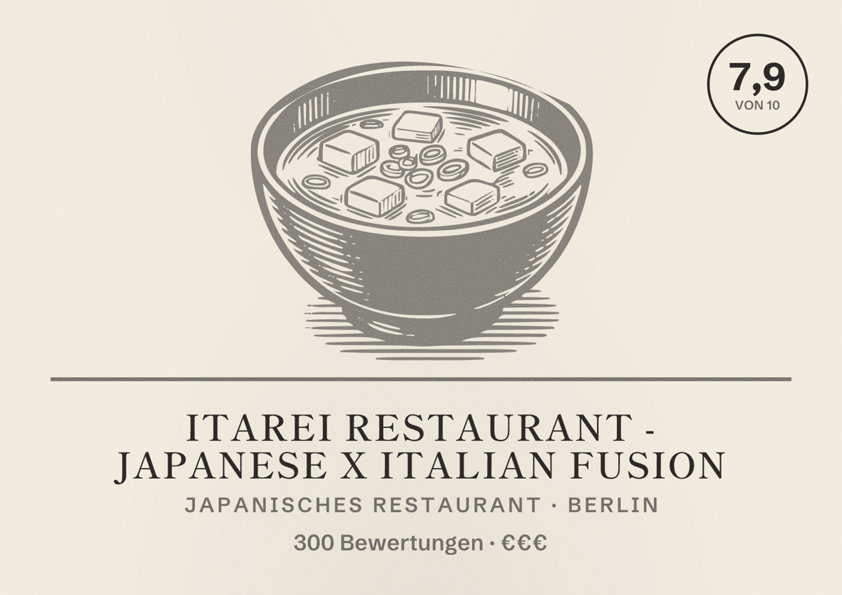 Illustriertes Poster von Itarei Restaurant - Japanese x Italian Fusion, Japanisches Restaurant in Berlin: Bewertung 7,9 von 10 aus 300 Bewertungen, Preisniveau €€€