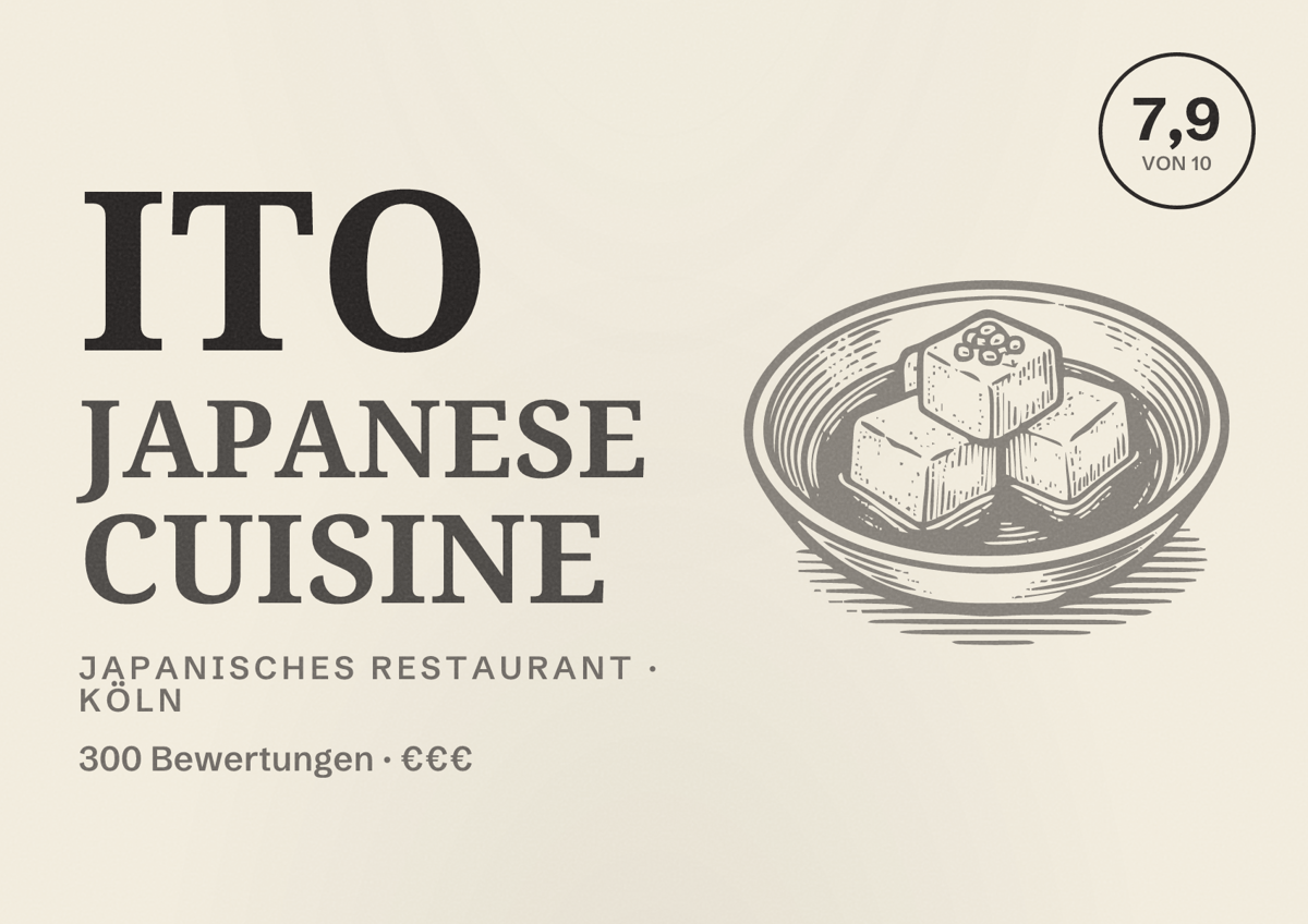 Illustriertes Poster von ITO Japanese Cuisine, Japanisches Restaurant in Köln: Bewertung 7,9 von 10 aus 300 Bewertungen, Preisniveau €€€