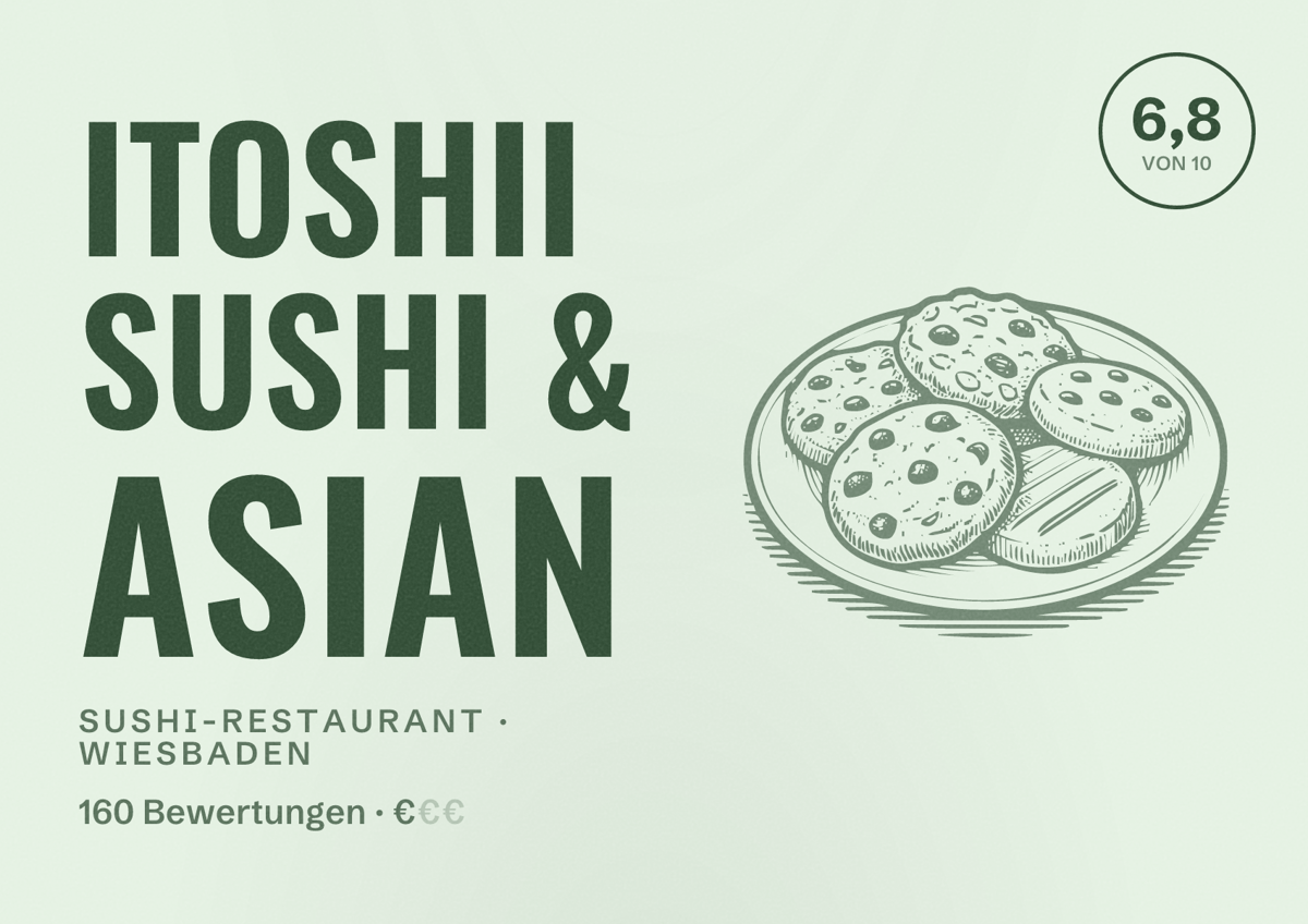 Illustriertes Poster von Itoshii Sushi & Asian, Sushi-Restaurant in Wiesbaden: Bewertung 6,8 von 10 aus 160 Bewertungen, Preisniveau €