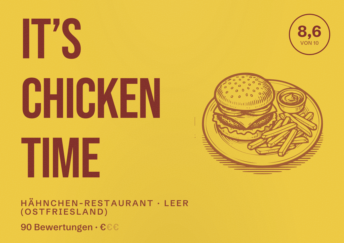 Illustriertes Poster von It’s Chicken Time, Hähnchen-Restaurant in Leer (Ostfriesland): Bewertung 8,6 von 10 aus 90 Bewertungen, Preisniveau €