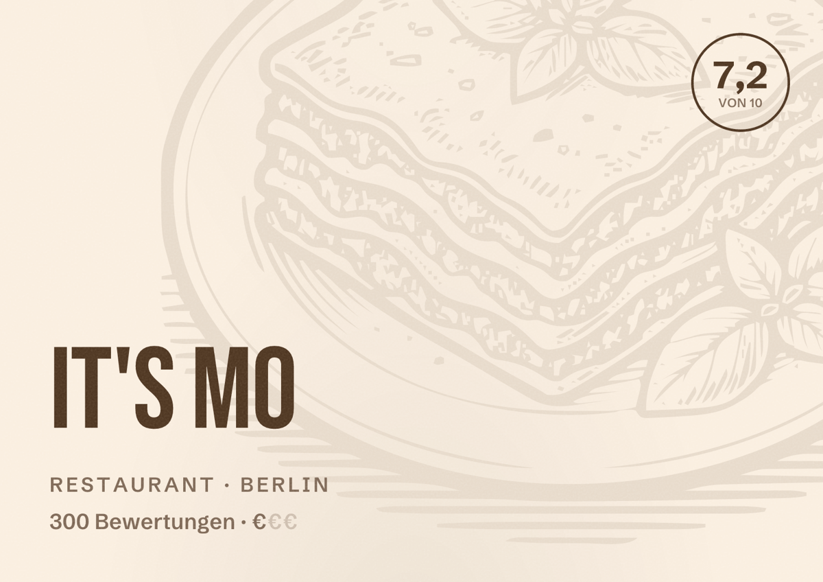 Illustriertes Poster von It's Mo, Restaurant in Berlin: Bewertung 7,2 von 10 aus 300 Bewertungen, Preisniveau €