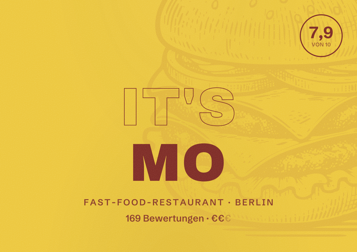 Illustriertes Poster von It's mo, Fast-Food-Restaurant in Berlin: Bewertung 7,9 von 10 aus 169 Bewertungen, Preisniveau €€
