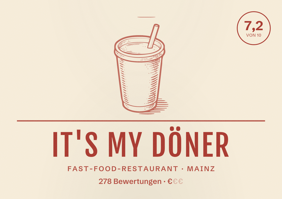 Illustriertes Poster von It's My Döner, Fast-Food-Restaurant in Mainz: Bewertung 7,2 von 10 aus 278 Bewertungen, Preisniveau €