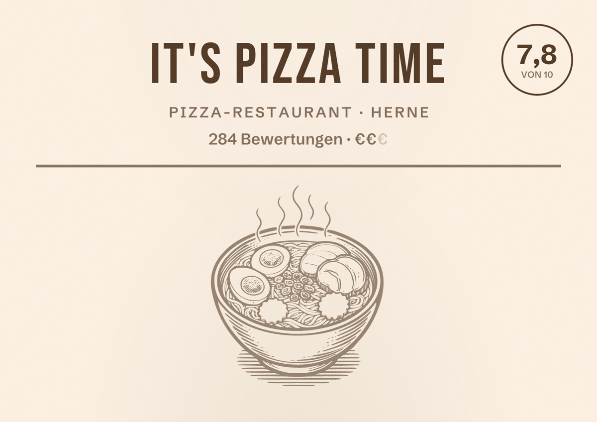 Illustriertes Poster von It's pizza time, Pizza-Restaurant in Herne: Bewertung 7,8 von 10 aus 284 Bewertungen, Preisniveau €€