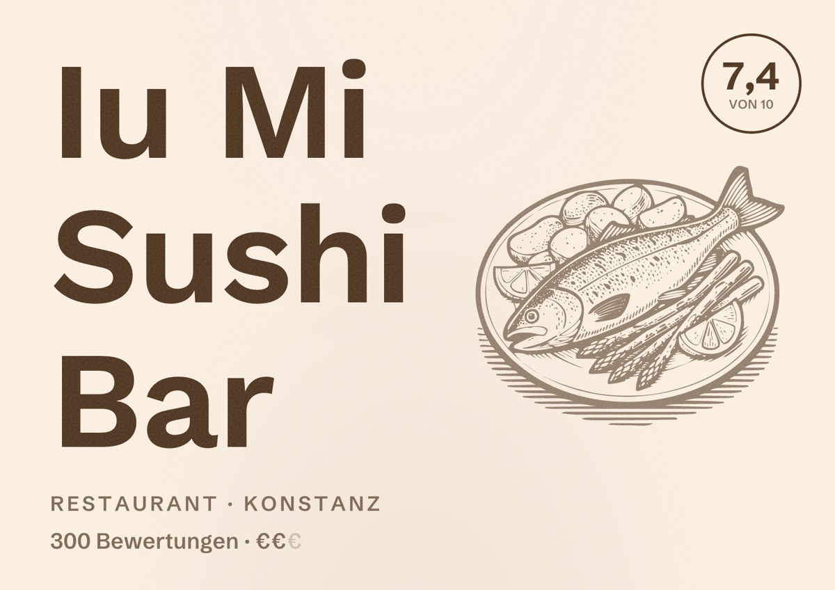 Illustriertes Poster von Iu Mi Sushi Bar, Restaurant in Konstanz: Bewertung 7,4 von 10 aus 300 Bewertungen, Preisniveau €€
