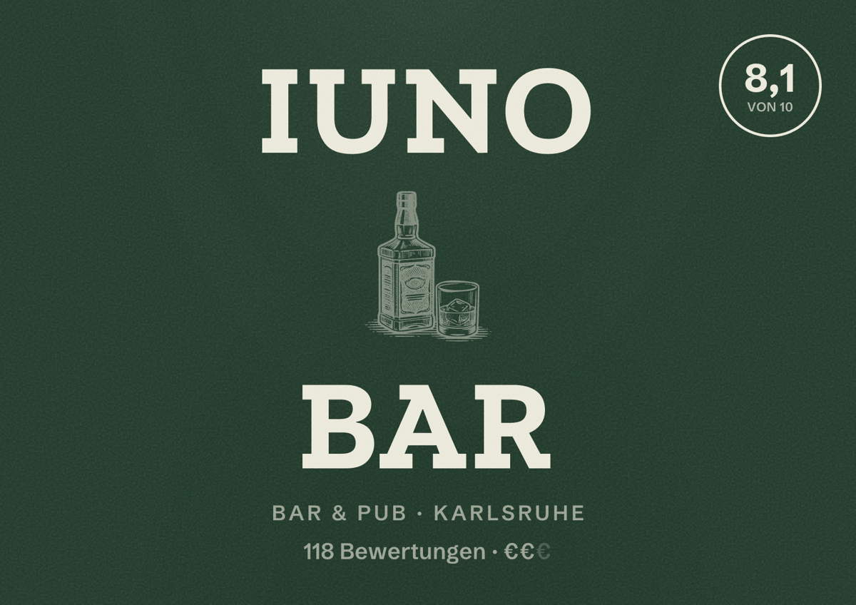 Illustriertes Poster von iuno Bar, Bar & Pub in Karlsruhe: Bewertung 8,1 von 10 aus 118 Bewertungen, Preisniveau €€