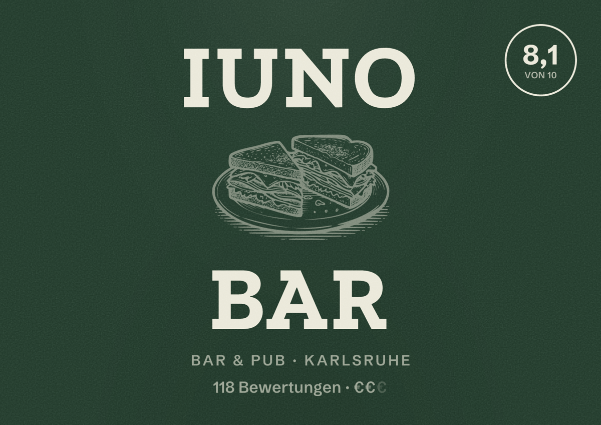 Illustriertes Poster von iuno Bar, Bar & Pub in Karlsruhe: Bewertung 8,1 von 10 aus 118 Bewertungen, Preisniveau €€