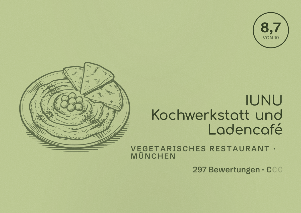 Illustriertes Poster von IUNU Kochwerkstatt und Ladencafé, Vegetarisches Restaurant in München: Bewertung 8,7 von 10 aus 297 Bewertungen, Preisniveau €