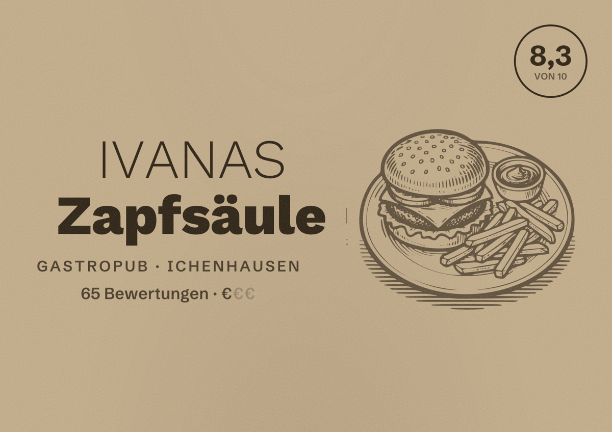 Illustriertes Poster von IVANAS Zapfsäule, Gastropub in Ichenhausen: Bewertung 8,3 von 10 aus 65 Bewertungen, Preisniveau €