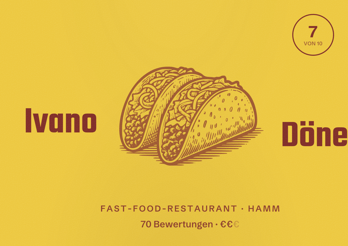 Illustriertes Poster von Ivano Döner, Fast-Food-Restaurant in Hamm: Bewertung 7 von 10 aus 70 Bewertungen, Preisniveau €€