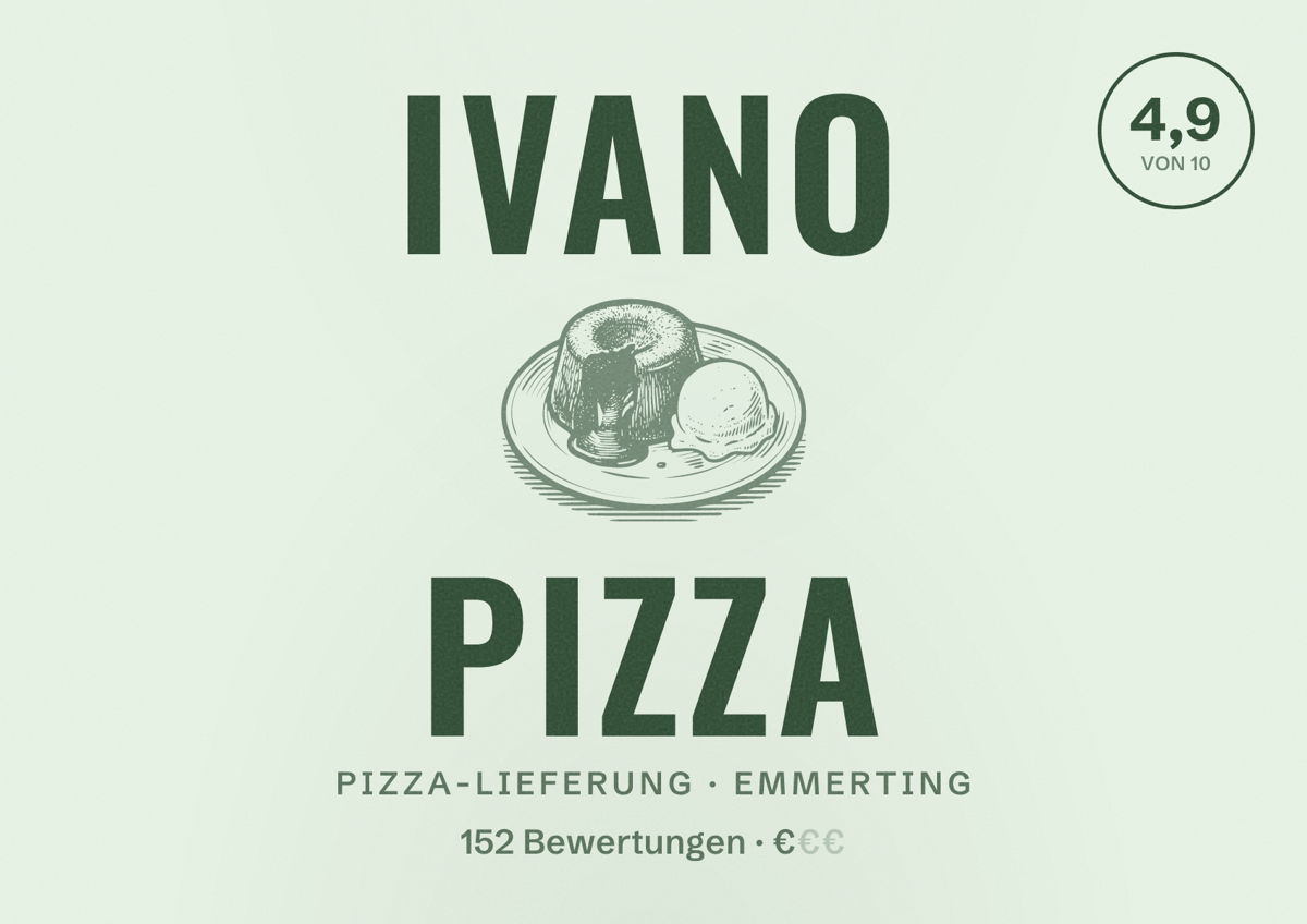 Illustriertes Poster von IVANO Pizza, Pizza-Lieferung in Emmerting: Bewertung 4,9 von 10 aus 152 Bewertungen, Preisniveau €