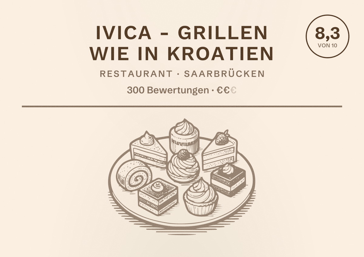 Illustriertes Poster von Ivica - Grillen wie in Kroatien, Restaurant in Saarbrücken: Bewertung 8,3 von 10 aus 300 Bewertungen, Preisniveau €€