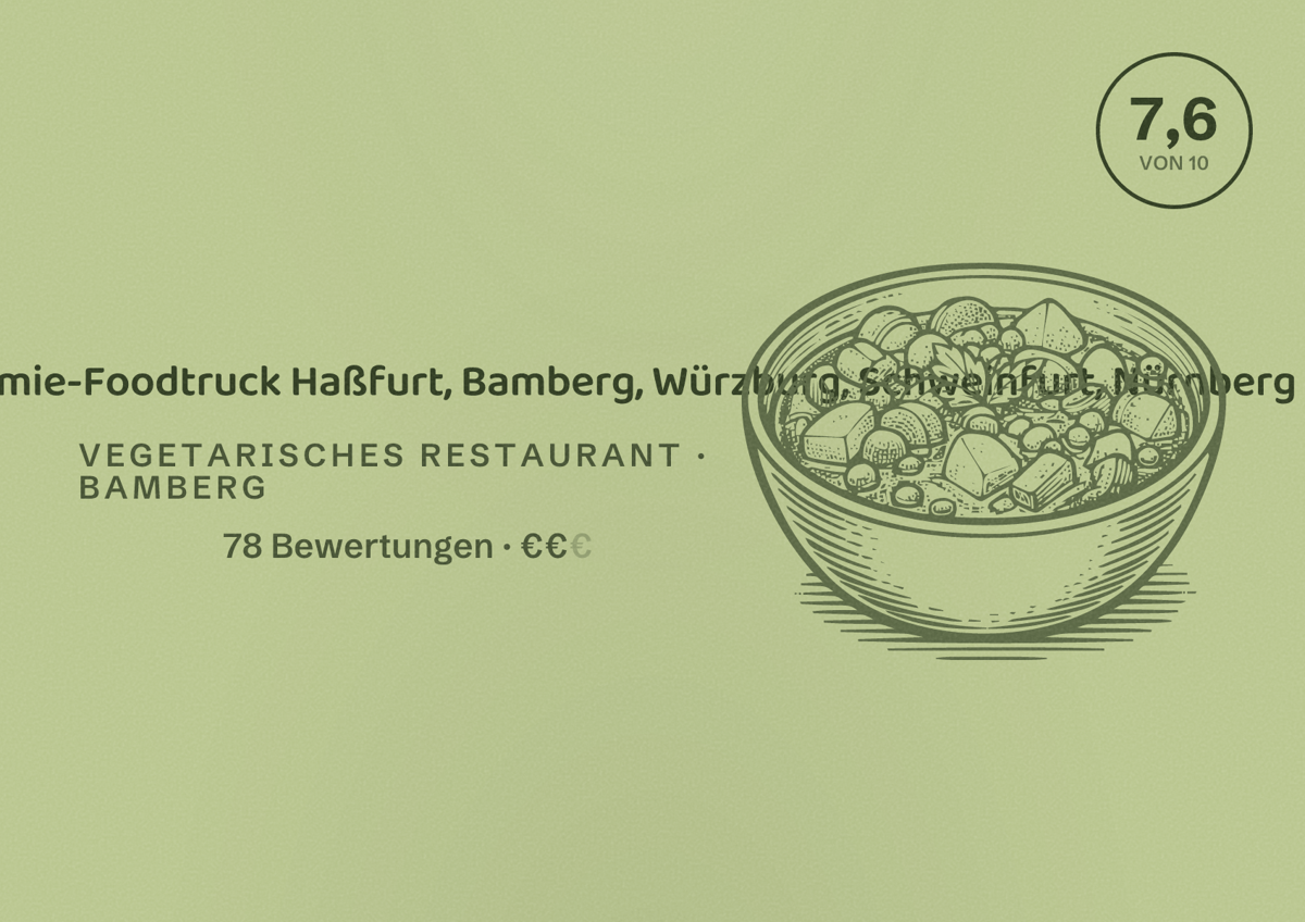Illustriertes Poster von Ivi’s Veggie Foodtrailer & Eventgastronomie-Foodtruck Haßfurt, Bamberg, Würzburg, Schweinfurt, Nürnberg & überregional, Vegetarisches Restaurant in Bamberg: Bewertung 7,6 von 10 aus 78 Bewertungen, Preisniveau €€