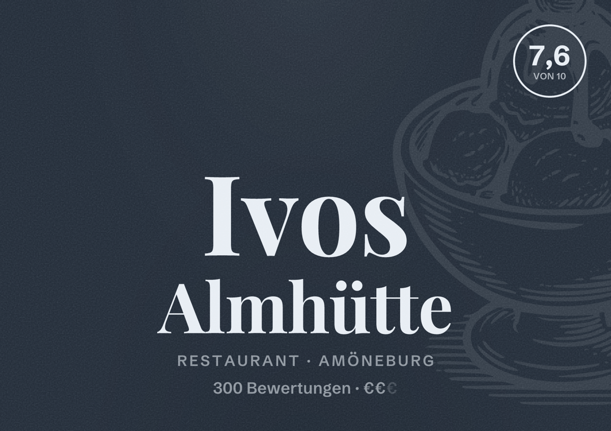 Illustriertes Poster von Ivos Almhütte, Restaurant in Amöneburg: Bewertung 7,6 von 10 aus 300 Bewertungen, Preisniveau €€