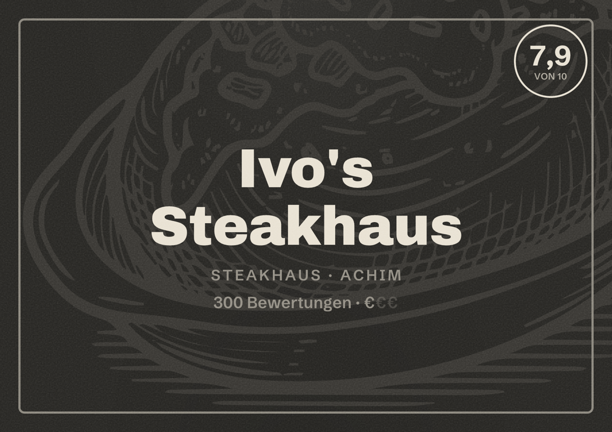 Illustriertes Poster von Ivo's Steakhaus, Steakhaus in Achim: Bewertung 7,9 von 10 aus 300 Bewertungen, Preisniveau €