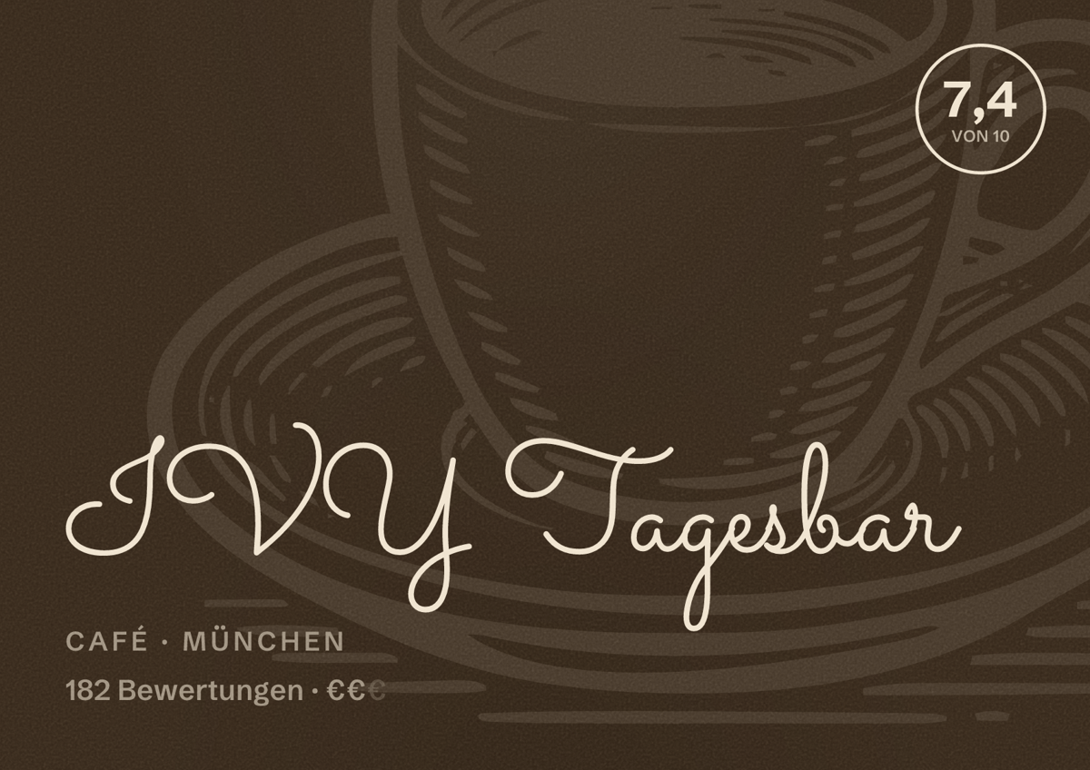 Illustriertes Poster von IVY Tagesbar, Café in München: Bewertung 7,4 von 10 aus 182 Bewertungen, Preisniveau €€