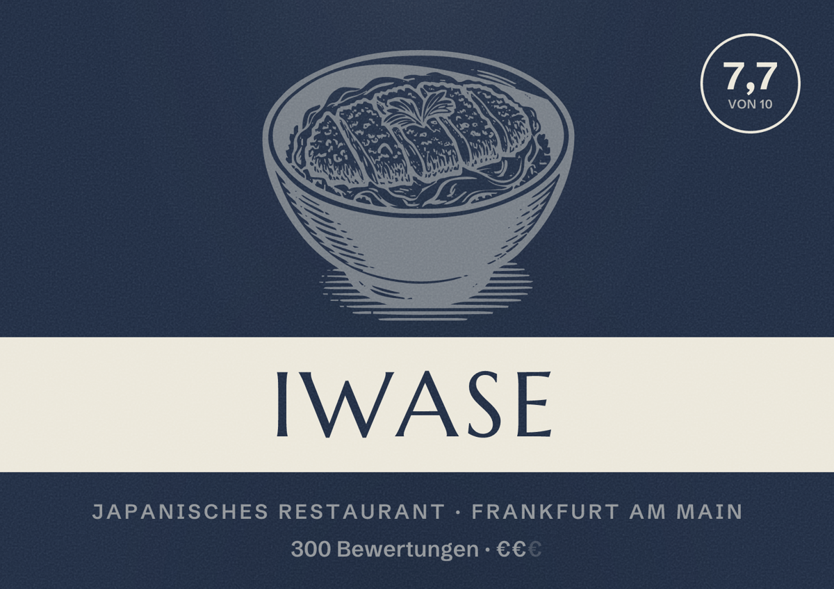 Illustriertes Poster von Iwase, Japanisches Restaurant in Frankfurt am Main: Bewertung 7,7 von 10 aus 300 Bewertungen, Preisniveau €€