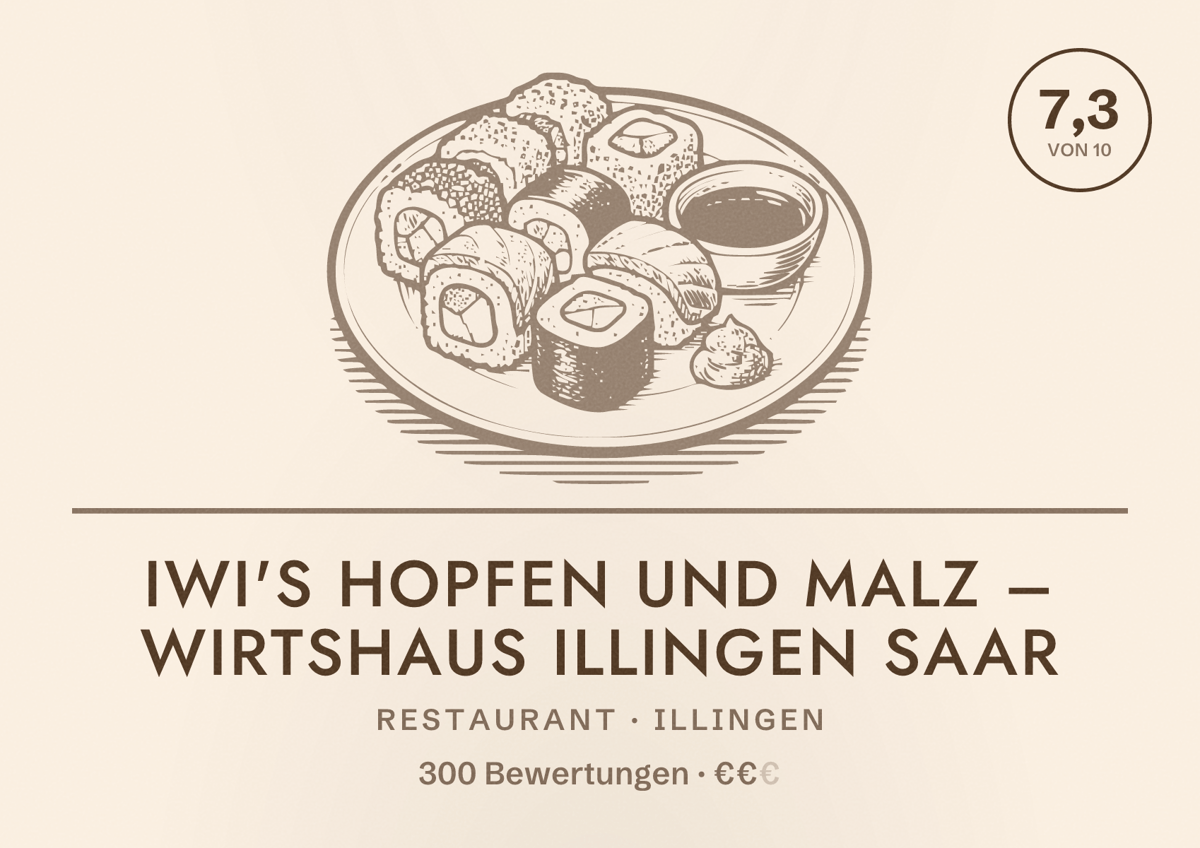 Illustriertes Poster von IWI'S Hopfen und Malz – Wirtshaus Illingen Saar, Restaurant in Illingen: Bewertung 7,3 von 10 aus 300 Bewertungen, Preisniveau €€