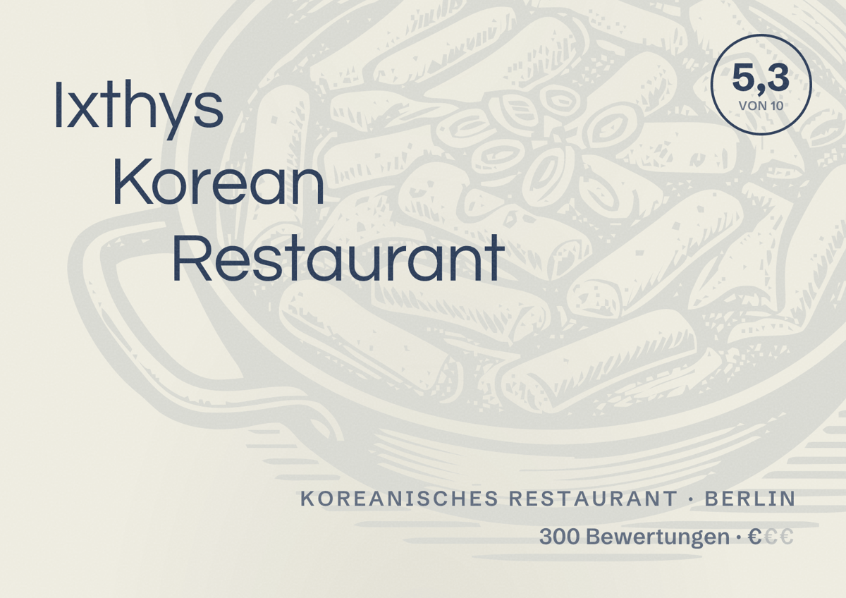 Illustriertes Poster von Ixthys Korean Restaurant, Koreanisches Restaurant in Berlin: Bewertung 5,3 von 10 aus 300 Bewertungen, Preisniveau €