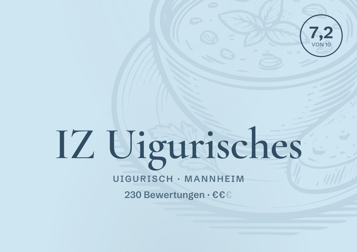 Illustriertes Poster von IZ Uigurisches, Uigurisch in Mannheim: Bewertung 7,2 von 10 aus 230 Bewertungen, Preisniveau €€