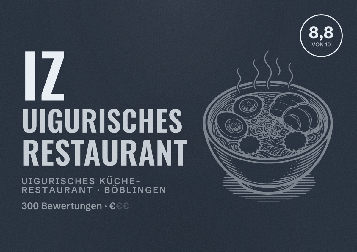 Illustriertes Poster von IZ Uigurisches Restaurant, Uigurisches Küche-Restaurant in Böblingen: Bewertung 8,8 von 10 aus 300 Bewertungen, Preisniveau €