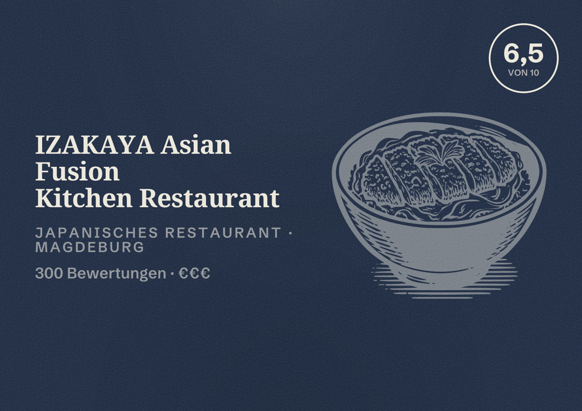 Illustriertes Poster von IZAKAYA Asian Fusion Kitchen Restaurant, Japanisches Restaurant in Magdeburg: Bewertung 6,5 von 10 aus 300 Bewertungen, Preisniveau €€€