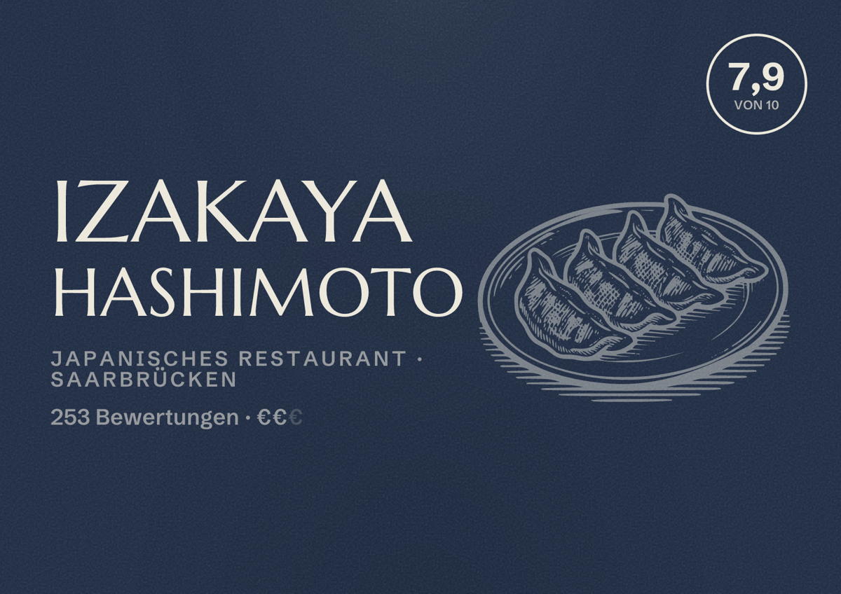 Illustriertes Poster von Izakaya Hashimoto, Japanisches Restaurant in Saarbrücken: Bewertung 7,9 von 10 aus 253 Bewertungen, Preisniveau €€