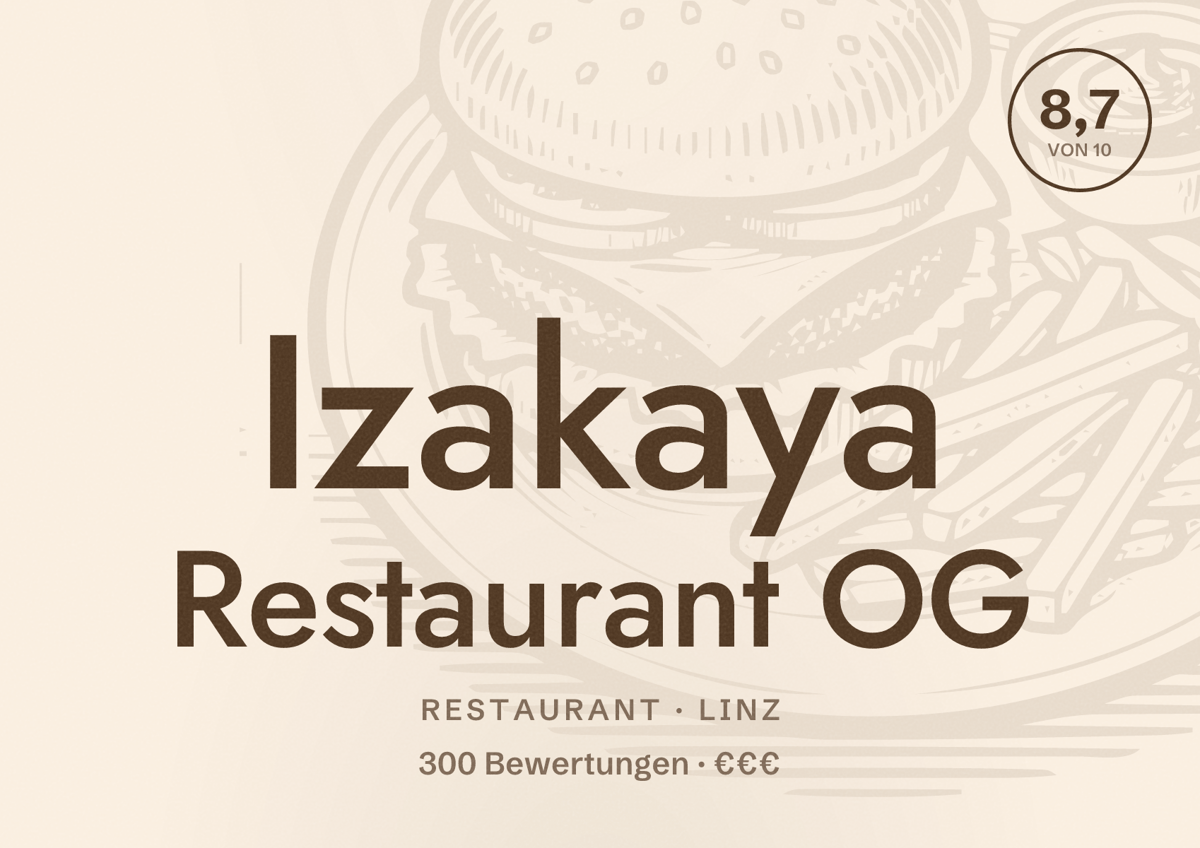 Illustriertes Poster von Izakaya Restaurant OG, Restaurant in Linz: Bewertung 8,7 von 10 aus 300 Bewertungen, Preisniveau €€€