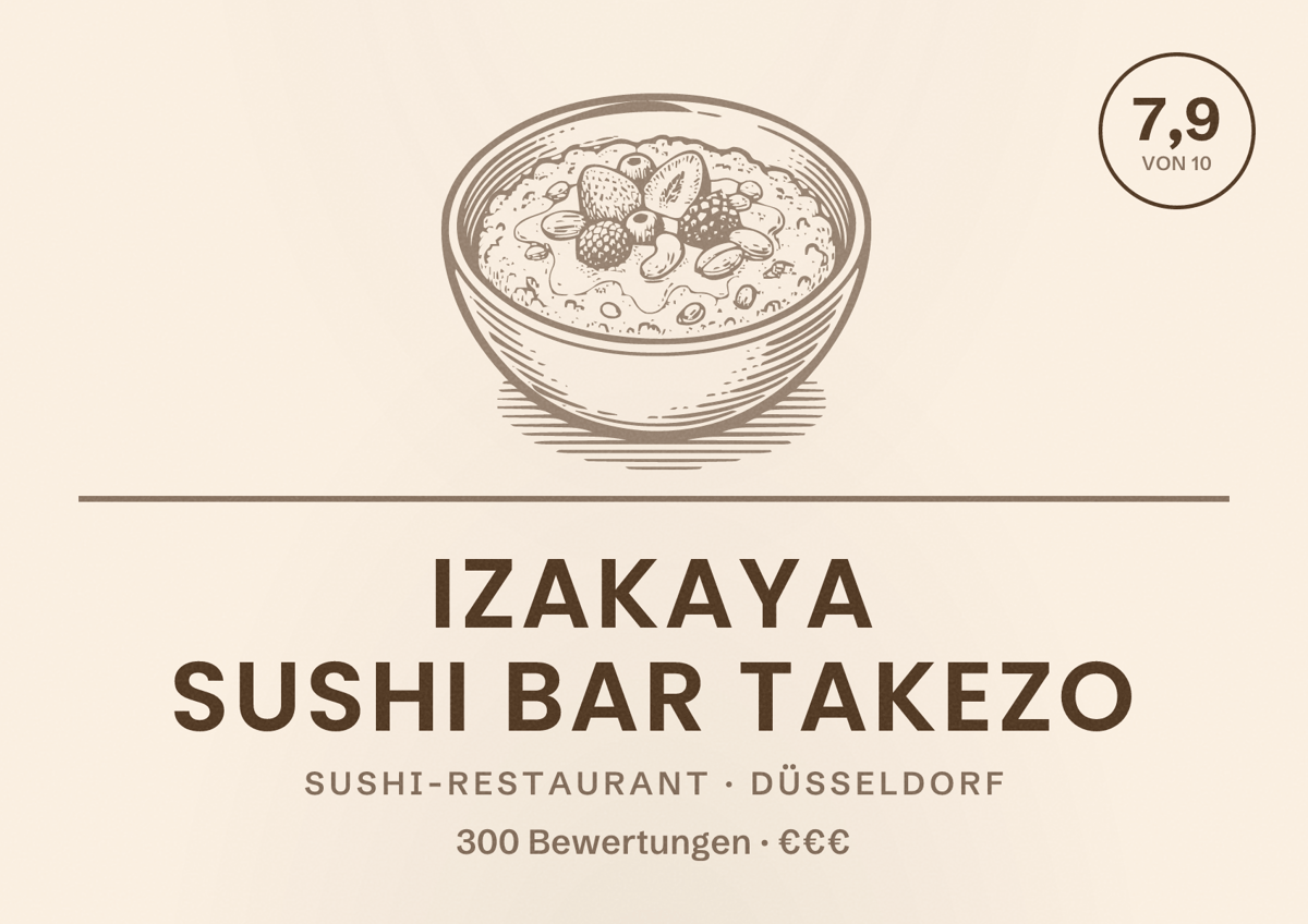 Illustriertes Poster von Izakaya Sushi Bar Takezo, Sushi-Restaurant in Düsseldorf: Bewertung 7,9 von 10 aus 300 Bewertungen, Preisniveau €€€