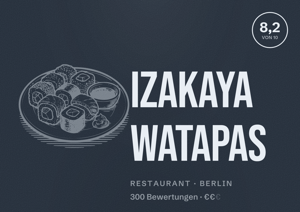 Illustriertes Poster von Izakaya WATAPAS, Restaurant in Berlin: Bewertung 8,2 von 10 aus 300 Bewertungen, Preisniveau €€