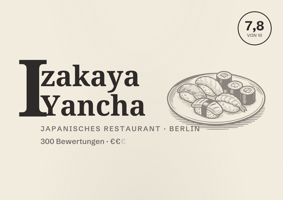Illustriertes Poster von Izakaya Yancha, Japanisches Restaurant in Berlin: Bewertung 7,8 von 10 aus 300 Bewertungen, Preisniveau €€