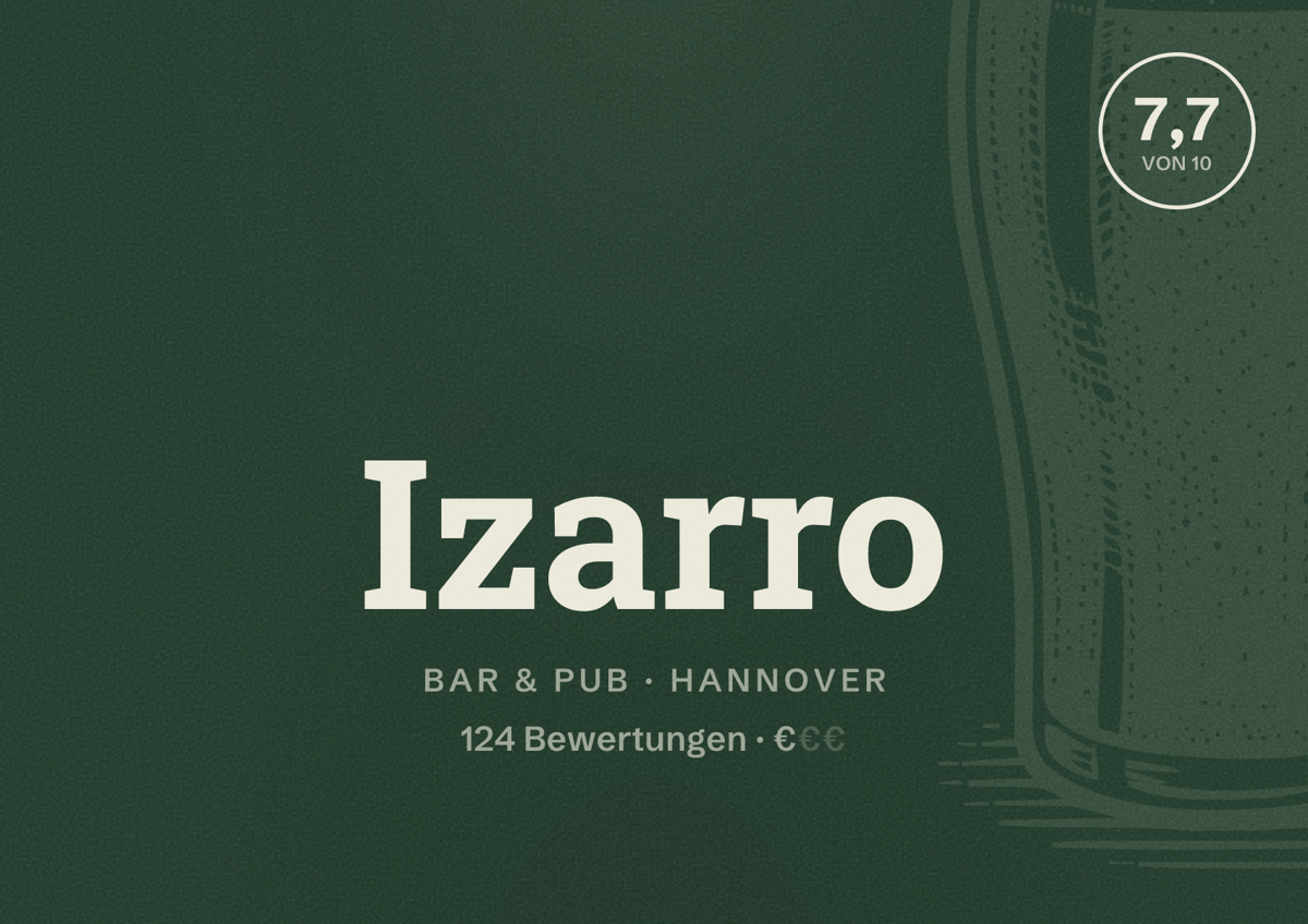Illustriertes Poster von Izarro, Bar & Pub in Hannover: Bewertung 7,7 von 10 aus 124 Bewertungen, Preisniveau €