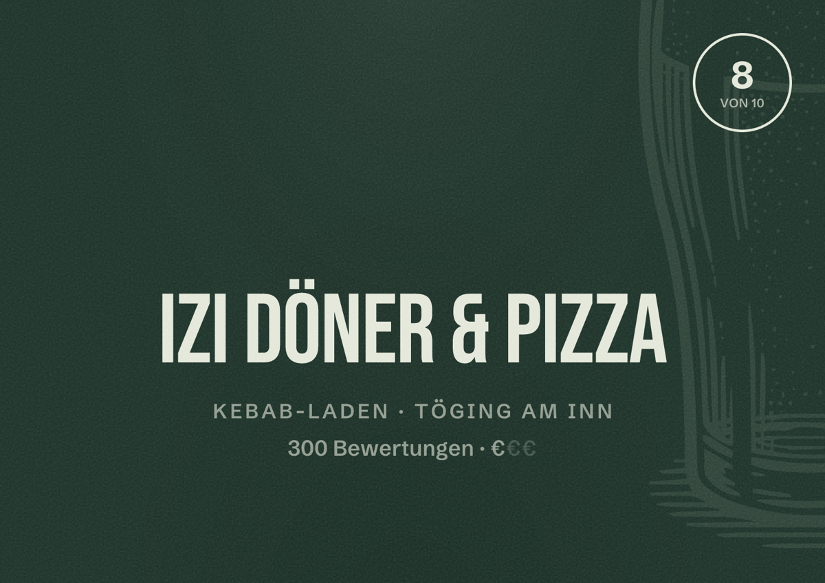 Illustriertes Poster von Izi Döner & Pizza, Kebab-Laden in Töging am Inn: Bewertung 8 von 10 aus 300 Bewertungen, Preisniveau €
