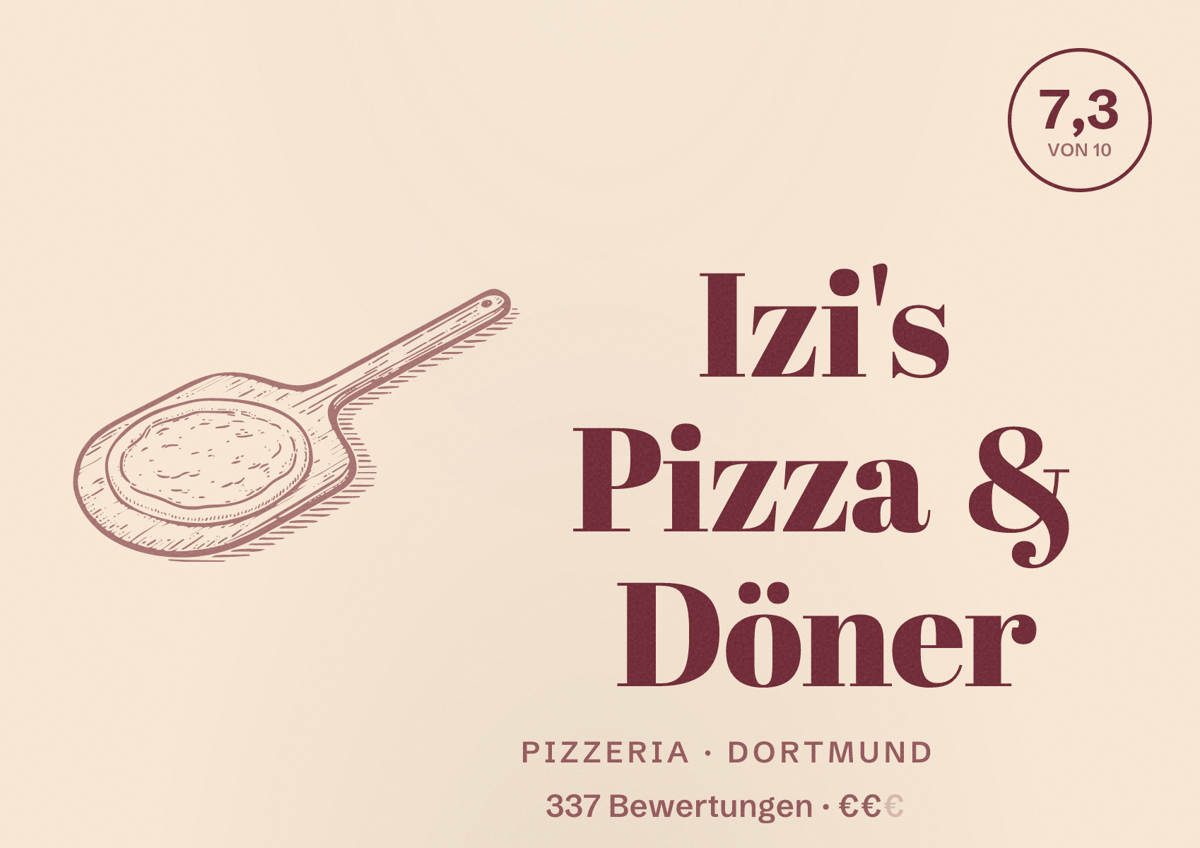 Illustriertes Poster von Izi's Pizza & Döner, Pizzeria in Dortmund: Bewertung 7,3 von 10 aus 337 Bewertungen, Preisniveau €€