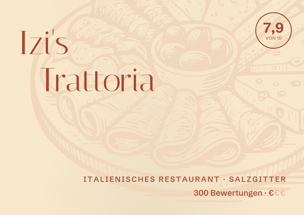 Illustriertes Poster von Izi's Trattoria, Italienisches Restaurant in Salzgitter: Bewertung 7,9 von 10 aus 300 Bewertungen, Preisniveau €