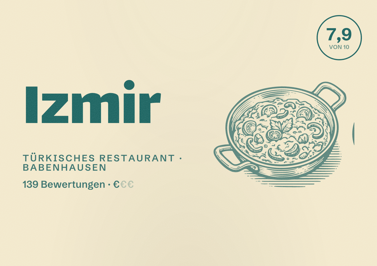Illustriertes Poster von Izmir, Türkisches Restaurant in Babenhausen: Bewertung 7,9 von 10 aus 139 Bewertungen, Preisniveau €