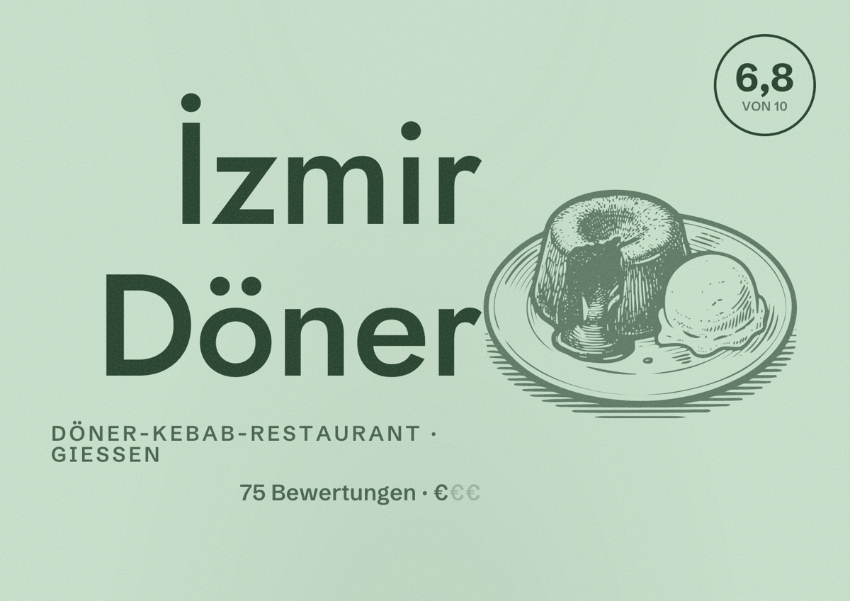Illustriertes Poster von İzmir Döner, Döner-Kebab-Restaurant in Gießen: Bewertung 6,8 von 10 aus 75 Bewertungen, Preisniveau €