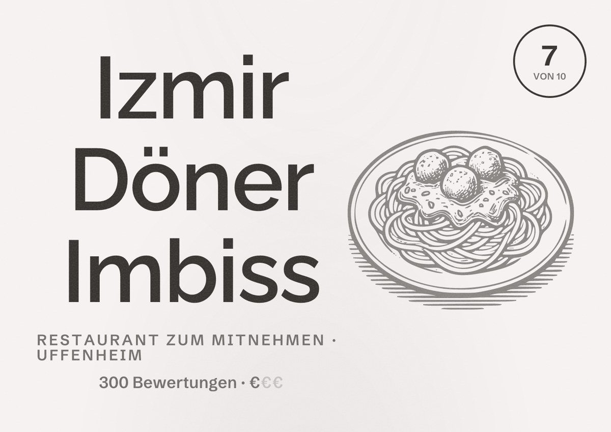Illustriertes Poster von Izmir Döner Imbiss, Restaurant zum Mitnehmen in Uffenheim: Bewertung 7 von 10 aus 300 Bewertungen, Preisniveau €