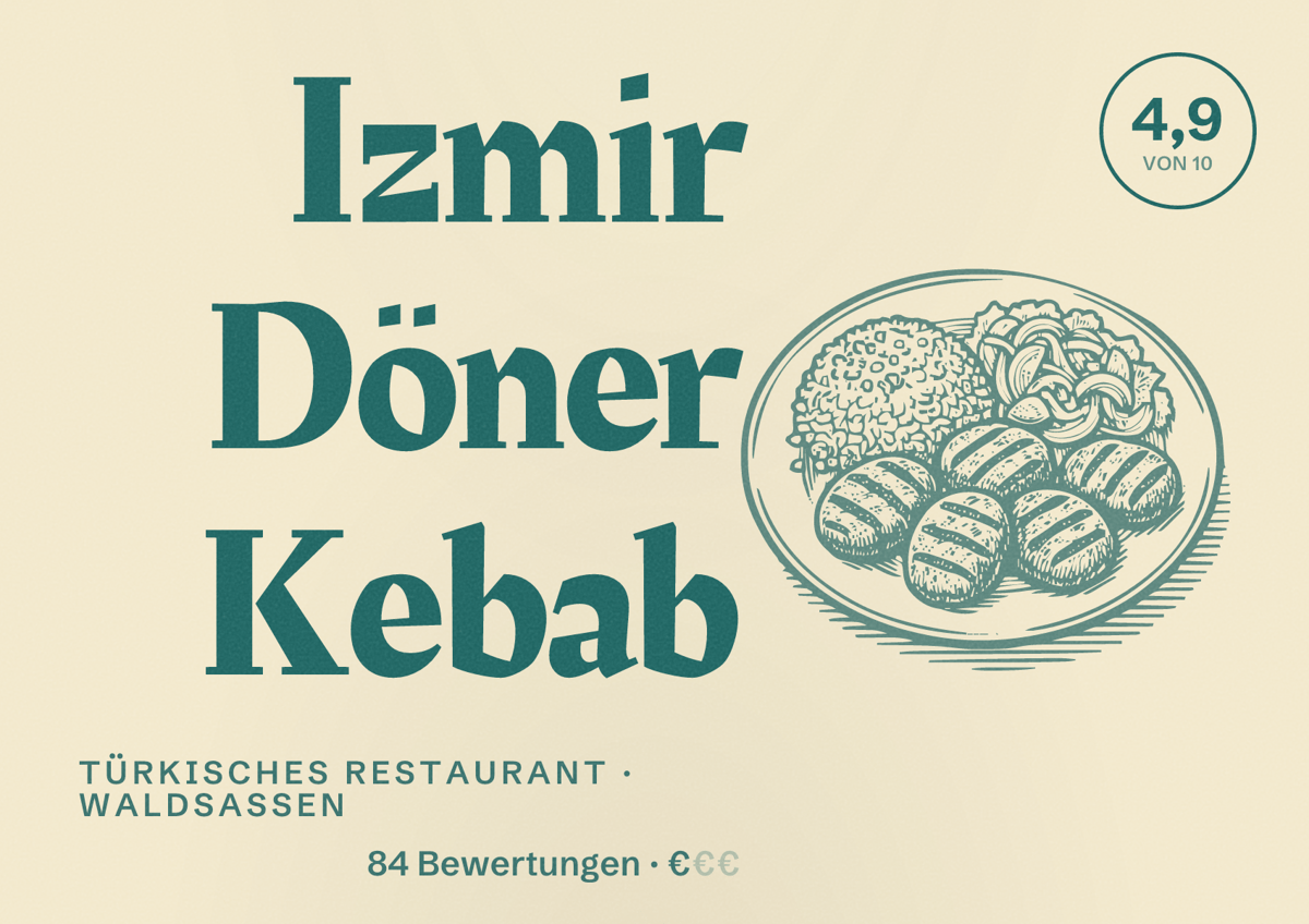 Illustriertes Poster von Izmir Döner Kebab, Türkisches Restaurant in Waldsassen: Bewertung 4,9 von 10 aus 84 Bewertungen, Preisniveau €