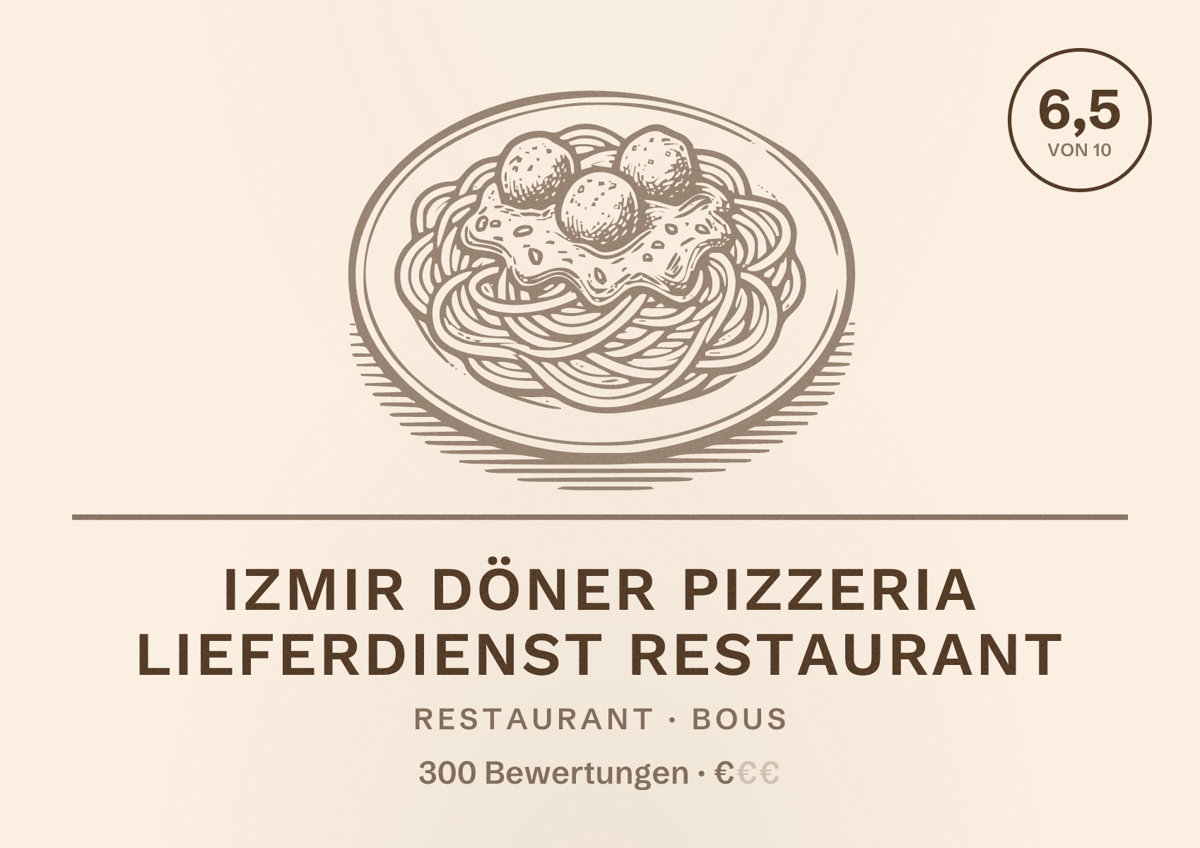 Illustriertes Poster von Izmir Döner Pizzeria Lieferdienst Restaurant, Restaurant in Bous: Bewertung 6,5 von 10 aus 300 Bewertungen, Preisniveau €