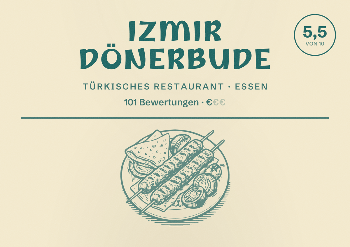 Illustriertes Poster von Izmir Dönerbude, Türkisches Restaurant in Essen: Bewertung 5,5 von 10 aus 101 Bewertungen, Preisniveau €