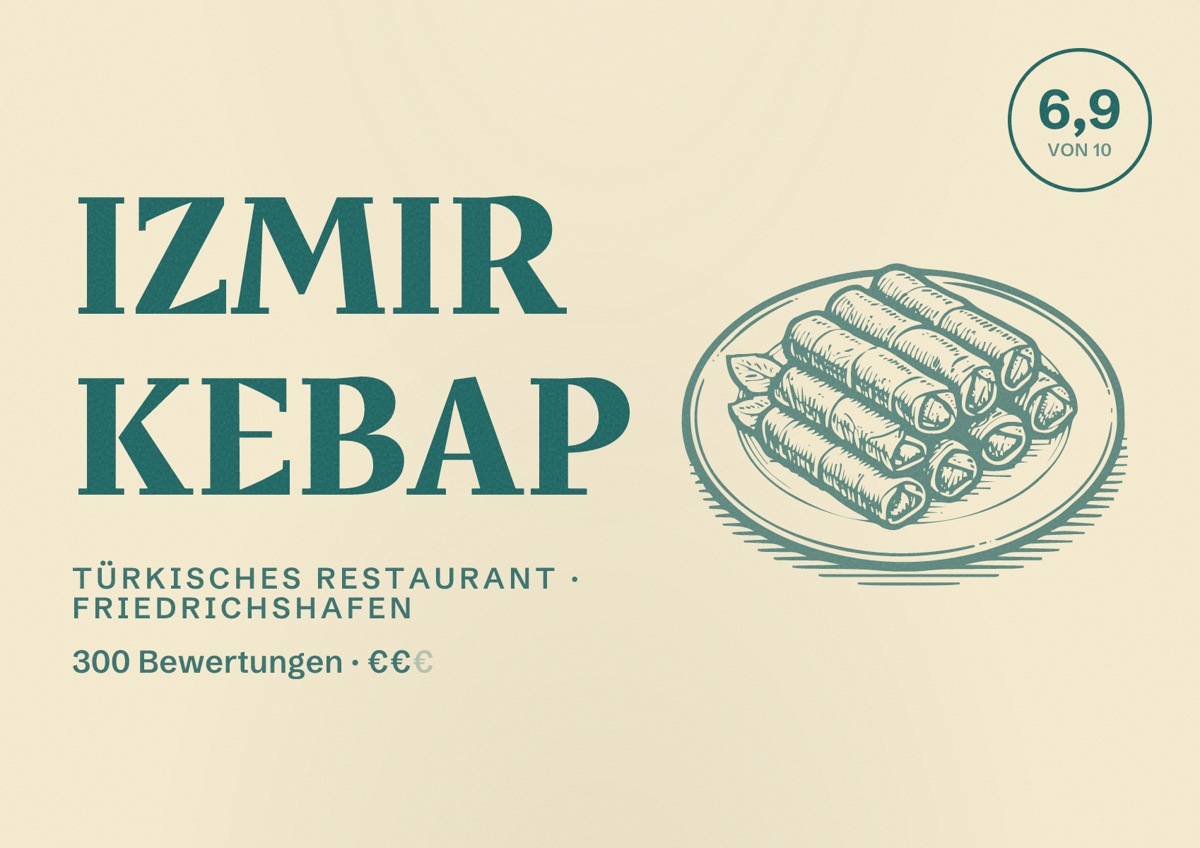 Illustriertes Poster von Izmir Kebap, Türkisches Restaurant in Friedrichshafen: Bewertung 6,9 von 10 aus 300 Bewertungen, Preisniveau €€