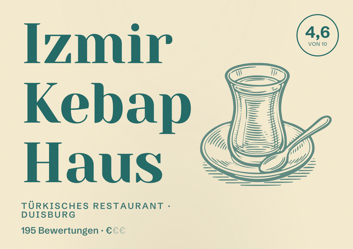 Illustriertes Poster von Izmir Kebap Haus, Türkisches Restaurant in Duisburg: Bewertung 4,6 von 10 aus 195 Bewertungen, Preisniveau €