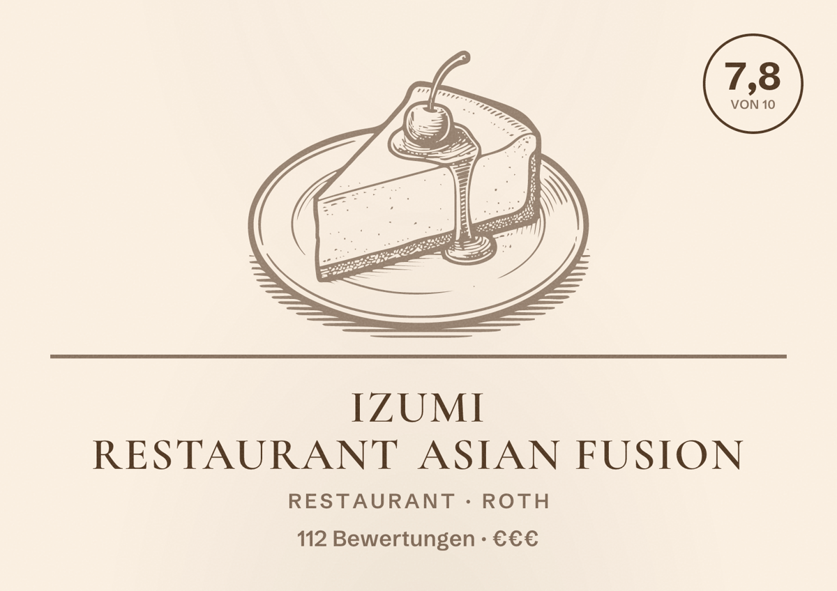 Illustriertes Poster von Izumi Restaurant Asian Fusion, Restaurant in Roth: Bewertung 7,8 von 10 aus 112 Bewertungen, Preisniveau €€€
